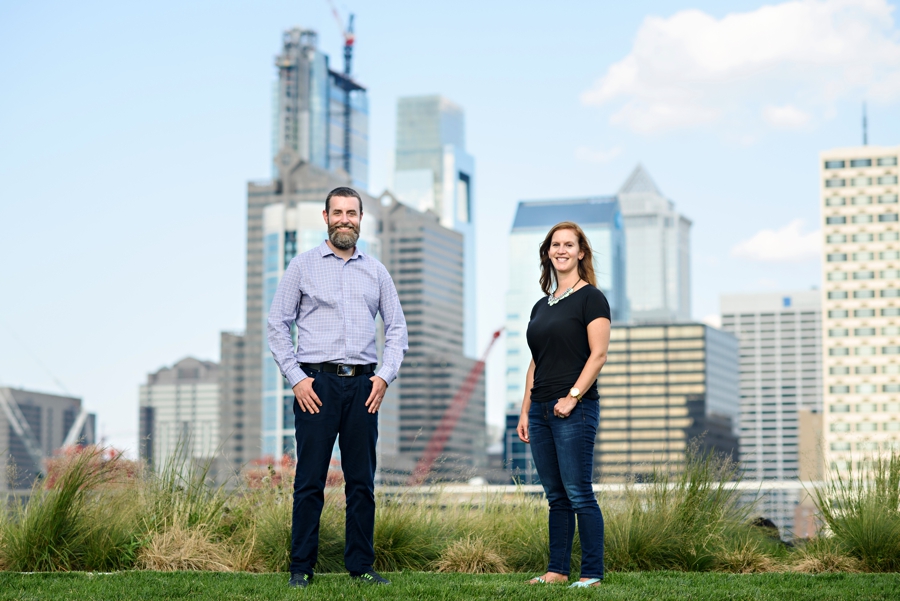 A team portrait of two podcast hosts in Philadelphia.